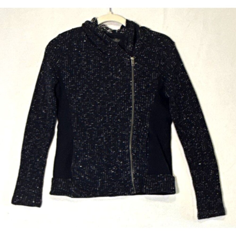 Lucky Brand Navy Speckled M Full Zip Knit Active Hoodie Moto Asymmetrical Jacket